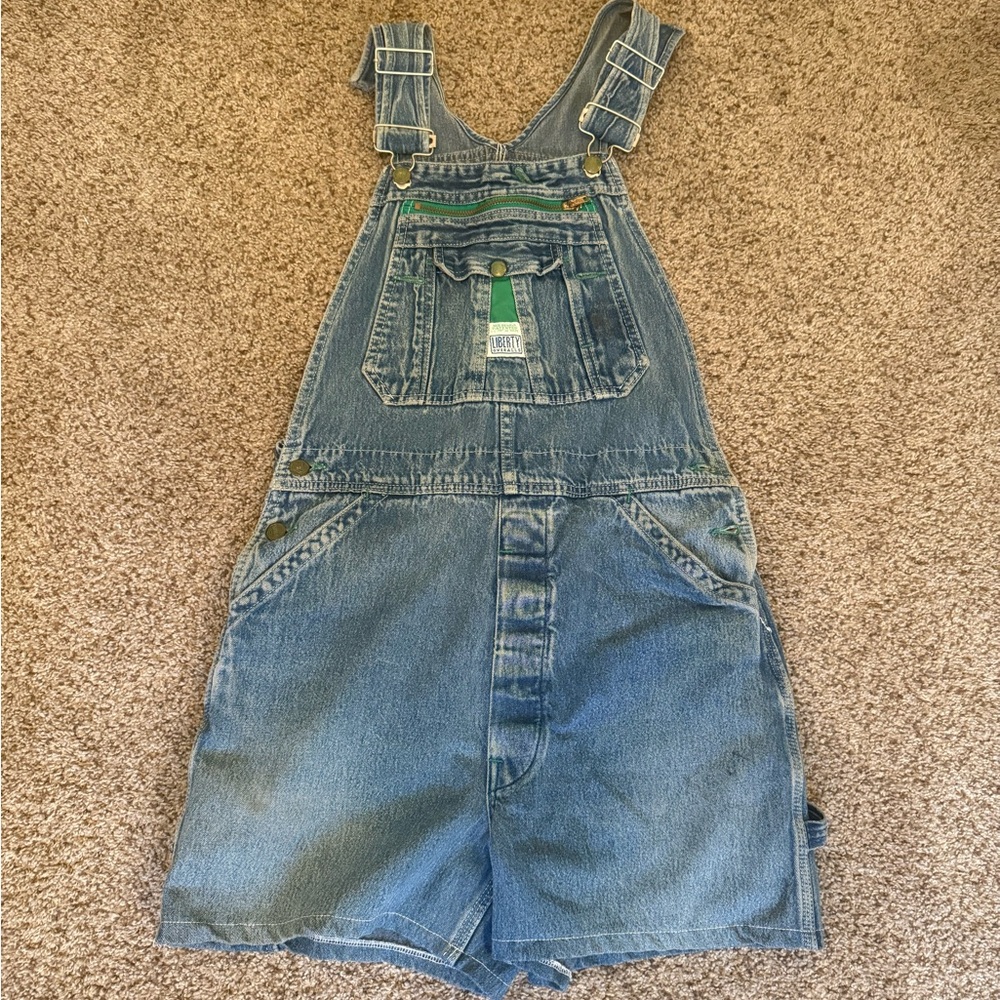 Vintage Liberty Blue Denim Overalls with Green Accents
